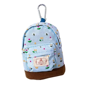 Mini floral canvas coin purse backpack with blue flower pattern and metal carabiner clip