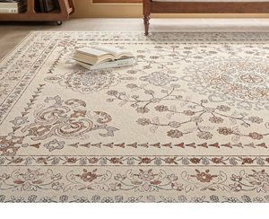 Detailed top view of beige Persian floral carpet with intricate brown border patterns