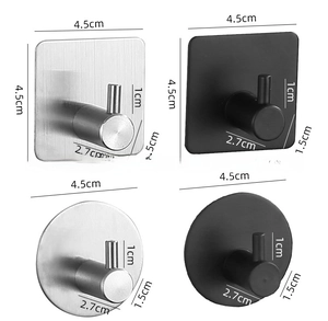 Detail of 304 stainless steel hooks in square and round shapes, silver and black finish