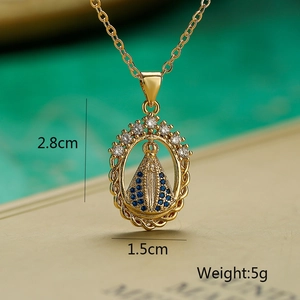 Detailed size view of Virgin Mary gold pendant necklace with blue stone and zircons