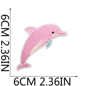 Detailed pink dolphin embroidery patch with white border measuring 6cm x 6cm