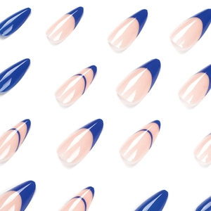 French blue and nude pink almond-shaped press-on nails in a minimalist pattern layout