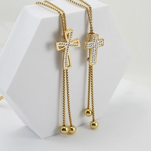Cross Pendant Necklace 18K Gold Plated Titanium Steel Rhinestone Adjustable Long Sweater Chain Women Religious Jewelry