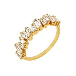 Golden baguette-cut zircon ring with rectangular clear stones in a zigzag pattern