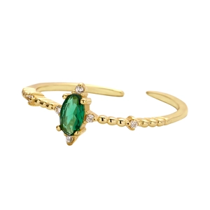 Adjustable gold ring with emerald green oval stone and sparkling side zircons