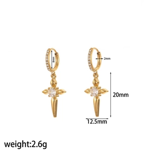 Gold-plated stainless steel hoop earrings with crystal cross pendants and size dimensions