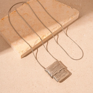 Minimalist silver braided pendant sweater necklace with long metal snake chain for women