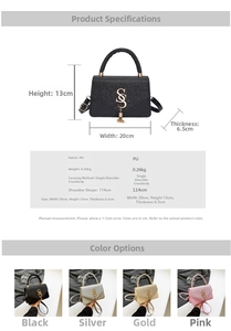 Detailed size specifications and multi-color options for the sequin square handbag