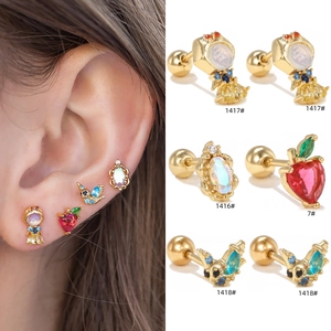 Colorful zircon helix earrings featuring cartoon princess and bird charms in gold finish