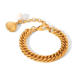 Gold stainless steel Figaro chain bracelet featuring white pearls and a seashell charm