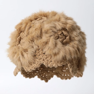 Handmade crochet bunny fur knit beanie with hollow floral patterns in camel brown