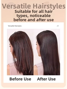 Before and after comparison of wireless hair straightener on long brown hair for smoothness