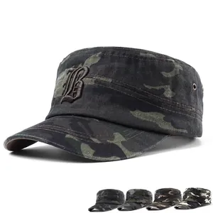 Men's camouflage flat top military cap with 3D letter B embroidery and metal eyelets