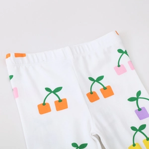 White cotton knit leggings for girls featuring colorful cherry embroidery and elastic waist