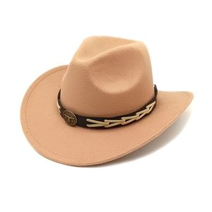 Western wool felt cowboy hat in beige with leather band and vintage metal accents