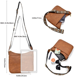 Brown vintage messenger bag with wide ethnic strap and detailed size specifications
