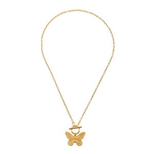 Polished golden stainless steel necklace with a butterfly pendant and toggle clasp