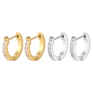 Polished stainless steel 18K gold and silver hoop earrings with clear inlaid crystals