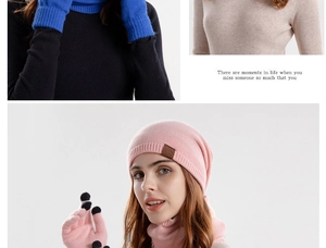 Close-up of knit winter set featuring touchscreen gloves, scarf, and warm beanie hat