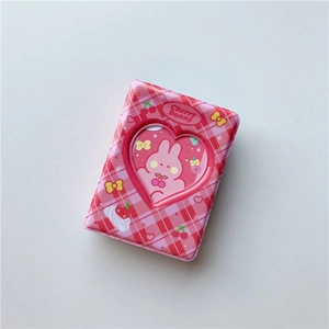 Pink checkered mini photocard album with heart-shaped window and cute cherry bunny design