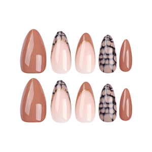 Brown and nude almond press-on nails set with french tips and mesh patterns