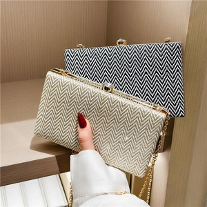 Women Evening Clutch Bag Herringbone Pattern Acrylic Box Handbag With Rhinestone Lock And Removable Metal Chain Strap