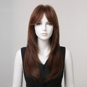 Detail view of dark brown long hair wig with curtain bangs and layered fiber texture