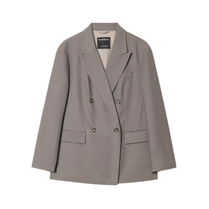 Women's grey double-breasted blazer and trousers suit set for professional office wear