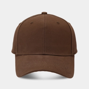 Detailed front view of high-quality coffee brown baseball cap with reinforced stitching