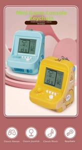Mini retro handheld game console keychain with joystick and LCD screen in blue and yellow