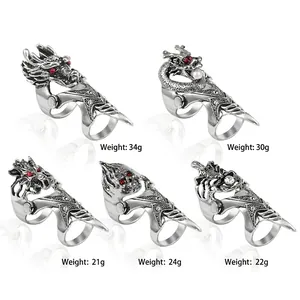 Vintage punk dragon head armor rings with silver alloy finish and red gemstones