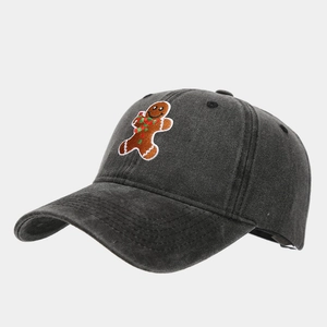 Vintage washed dark grey baseball cap featuring a cute embroidered gingerbread man design