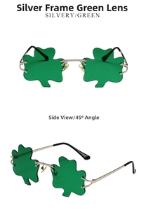 Detail of St. Patrick's Day clover sunglasses with silver frames and green lenses