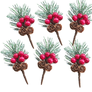 Set of 6 artificial pine needles with red berries and snow-dusted pine cones for Christmas