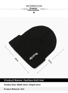 Detailed view of black knitted beanie dimensions 20x22cm with white logo tag label