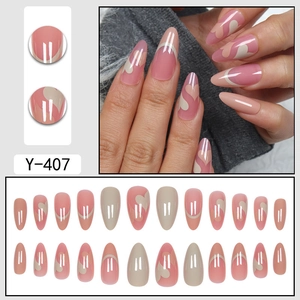 Pink and white heart almond press-on nails with wave patterns for Valentine gift