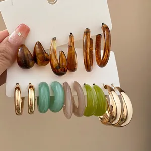Vintage Resin Chunky Hoop Earrings With Silver Earring Post Tortoiseshell Acrylic Gold Metal Jewelry For Women Minimalist Style