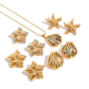 Golden titanium steel jewelry set with abalone shell necklace and starfish earrings