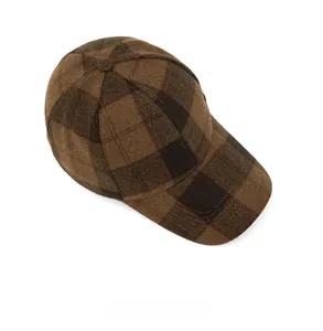 Top view of classic brown plaid baseball cap showing vintage wool texture and pattern