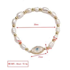 Detail view of freshwater pearl bracelet with evil eye pendant and size measurements