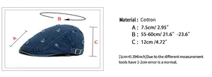 Detailed size chart for distressed denim beret with adjustable buckle and measurements