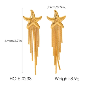 Detail showing 18k gold stainless steel starfish chain tassel earrings with dimensions