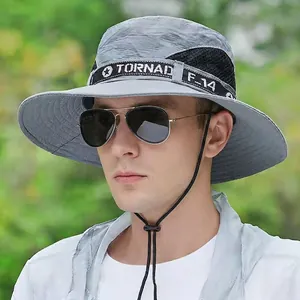 Men's grey wide brim sun hat with breathable mesh and adjustable chin strap for outdoors