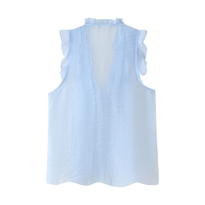 Light blue ruffle sleeveless chiffon blouse with stand collar and elegant flowy hemline