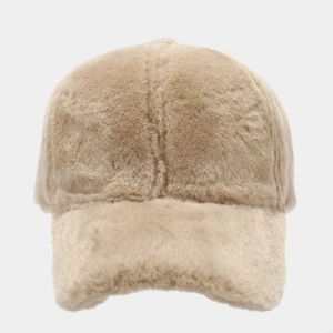 Minimalist camel plush baseball cap for winter warmth featuring soft faux fur texture