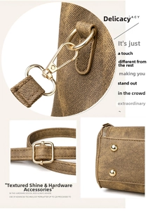 Detail shots showing golden metal hooks, adjustable strap buckle, and protective bottom studs