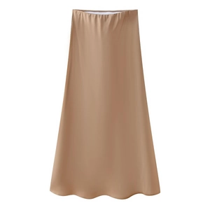 Elegante falda midi de satén de seda caqui para mujer con acabado liso y brillante