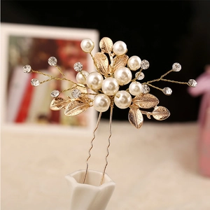 Elegant bridal U-shaped hair pin with golden leaves, pearls and crystal accents