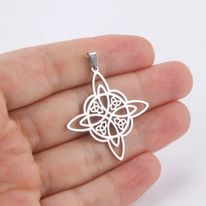 Silver stainless steel Celtic knot pendant with intricate geometric double layer design