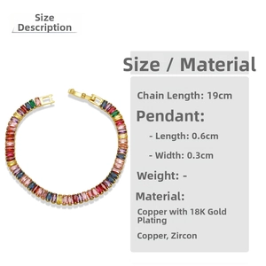 Rainbow baguette zircon tennis bracelet detail with 18K gold plating and 19cm length